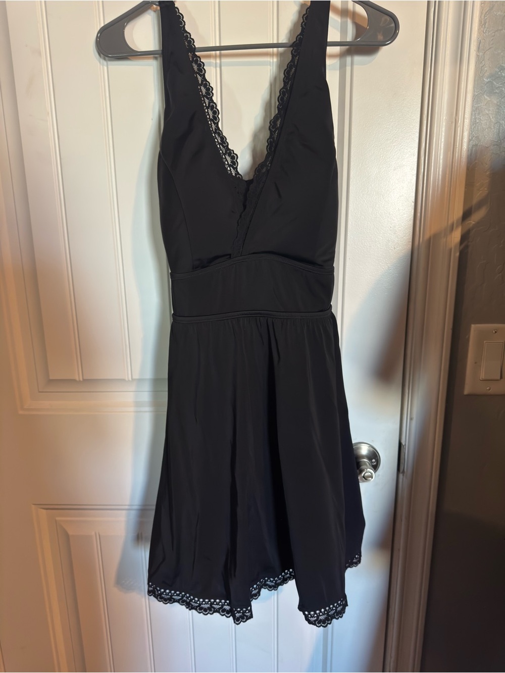 Black Lace Trim V-Neck swim dress